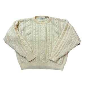 Vintage Fisherman Cable Knit Sweater Mens Large XL Cream Pullover Crew Chunky